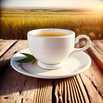 A cup of aromatic morning tea on a wooden tabletop. In the back lpan field and blue sky. AI generated