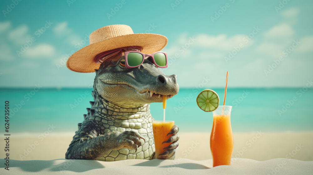 Wall mural a stylish alligator sporting a hat and sunglasses savors a frosty beverage while enjoying the sandy 