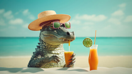 A stylish alligator sporting a hat and sunglasses savors a frosty beverage while enjoying the sandy seashore. Generative AI. - obrazy, fototapety, plakaty