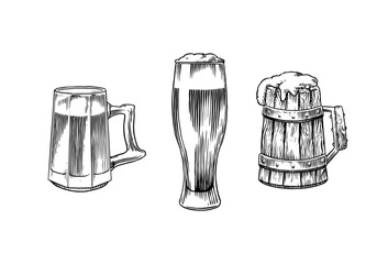 Beer glass, mug of oktoberfest. Engraved in ink hand drawn in old sketch and vintage style for web, invitation to party or pub menu. design element isolated on white background.
