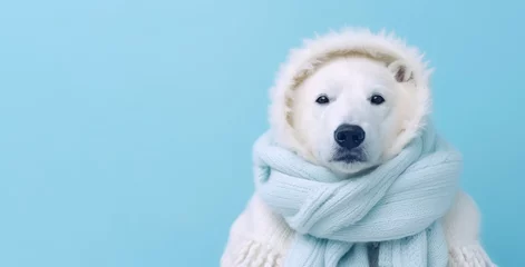 Foto op Canvas Portrait of an cute polar bear with fluffy white winter cap and pastel blue scarf. Copy space. Generative AI. © Jasmina Stokic