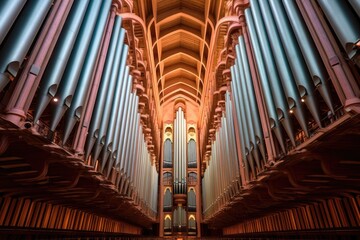 rows of majestic pipe organ pipes, in a cathedral, created with generative ai