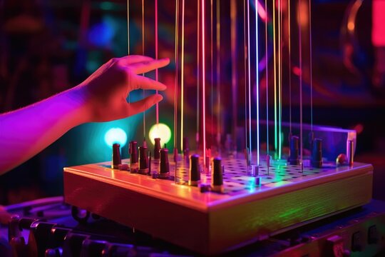 close-up of a theremin with colorful lighting, created with generative ai