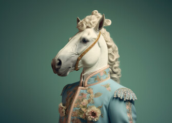 A mesmerizing abstract portrait of a magnificent white horse adorned in a retro-modern suit inspired by French court fashion during the Middle Ages. Generative AI.