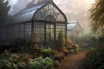 misty morning view of victorian greenhouse in garden, created with generative ai