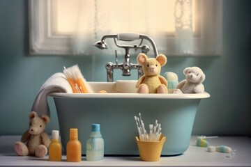 baby bathtub with gentle shampoo and soap bottles, created with generative ai
