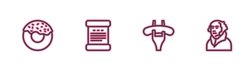 Set line Donut, Sausage the fork, Declaration of independence and George Washington icon. Vector