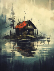 A solitary cabin nestled in an creepy swamp,