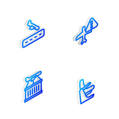 Set Isometric line Warning aircraft, Plane landing, and Airplane seat icon. Vector