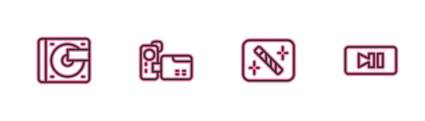 Set line Vinyl player with vinyl disk, Photo retouching, Cinema camera and Pause button icon. Vector