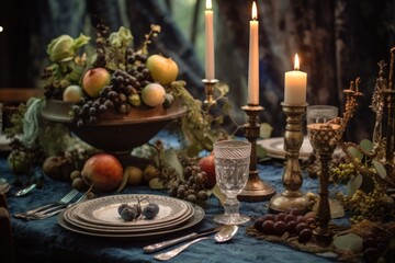 Fototapeta na wymiar festive table setting with antique silverware, created with generative ai