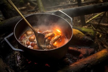 cioppino in ladle, steam rising against campfire light, created with generative ai