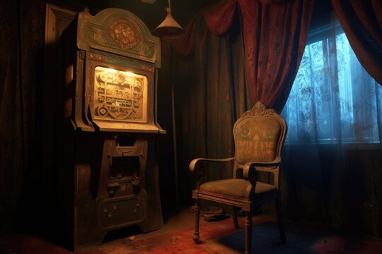 old-fashioned fortune-teller machine in dimly lit room, created with generative ai