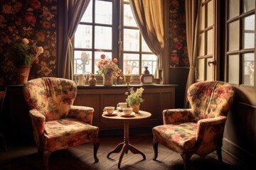 cozy corner with vintage armchairs in a parisian cafe, created with generative ai