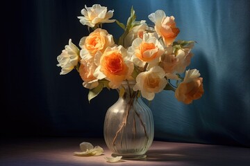 delicate paper flowers in a vase, softly lit, created with generative ai
