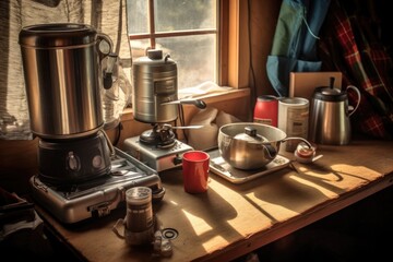 morning sunlight illuminating a camp stove coffee setup, created with generative ai