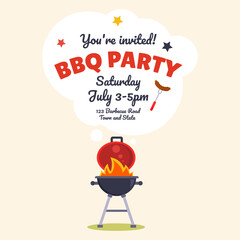 Barbecue invitation template. BBQ party card in retro and vintage style. Grill vector illustration.