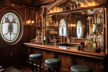Fototapeta na wymiar elegant vintage train bar area with polished wood and glassware, created with generative ai