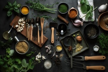 collection of cooking utensils and ingredients, arranged in flatlay style, created with generative ai