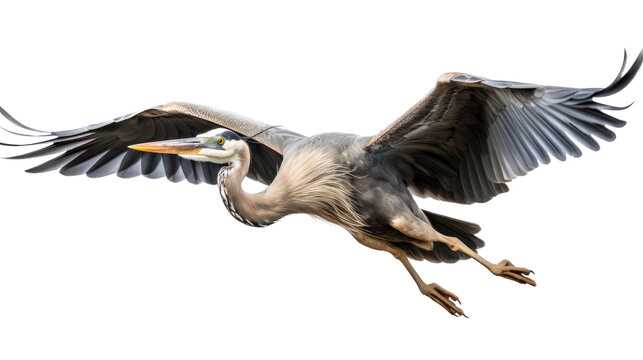 a Great Blue Heron in-flight, 3/4 view, in an isolated and transparent PNG in a Nature-themed, photorealistic illustration. Generative ai