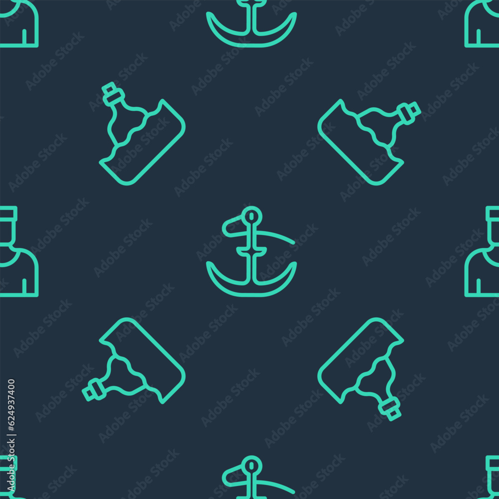 Poster set line anchor, bottle with message in water and sailor captain on seamless pattern. vector