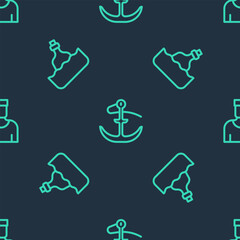 Set line Anchor, Bottle with message in water and Sailor captain on seamless pattern. Vector