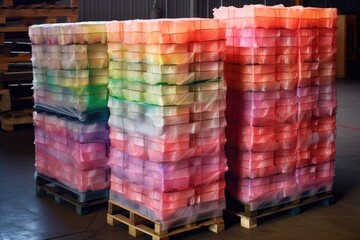 pallets stacked with boxes wrapped in plastic, created with generative ai