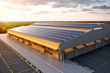 warehouse roof with solar panels for sustainable energy supply, created with generative ai