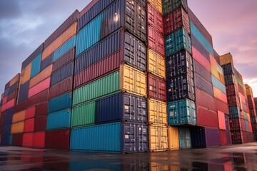 Fototapeta premium stack of shipping containers at a warehouse facility, created with generative ai