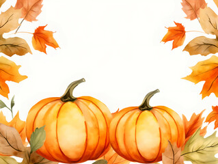Naklejka na ściany i meble Pumpkins and autumn leaves background watercolor style. Generated by AI