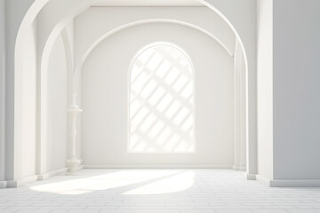 Minimalistic Empty Sunny White Interior with Big Bow Window