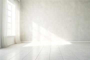Minimalistic Empty Sunny White Interior with Window and Curtains. Bright Warm Tones, Advertising Mock Up.