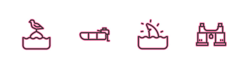 Set line Seagull sits on a buoy, Shark fin in ocean wave, Inflatable boat with motor and Binoculars icon. Vector