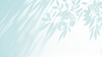 Abstract Turquoise Shadow Background of Leaves on White Sunny Wall. Elegant Neutral Nature Background. Space for Text.