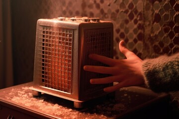 ice melting on a heater as hands warm up nearby, created with generative ai