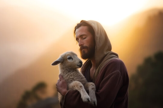 Shepherd Jesus Christ Taking Care of Missing Lamb. Nature Background during Sunset.