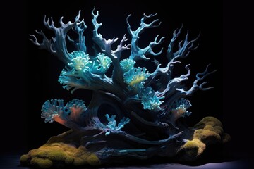 bioluminescent coral reef sculpture in dark gallery, created with generative ai