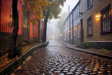 Fototapeta na wymiar rainy day on a glistening cobblestone path, created with generative ai