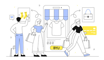 Obraz na płótnie Canvas People at mobile shopping line concept