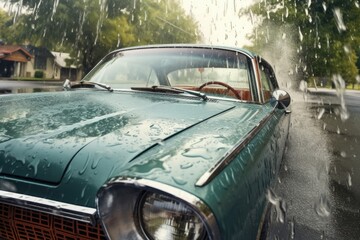 Fototapeta na wymiar water splashing on old cars windshield, created with generative ai