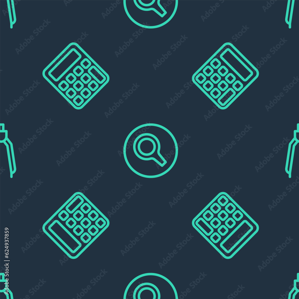 Poster set line magnifying glass, calculator and drawing compass on seamless pattern. vector