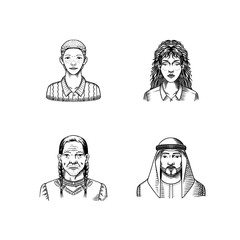 Human Avatars Collection. Diverse faces of people. Characters set. Happy emotions. Portrait for social media, website. Men and women, grandparents and girls. Hand drawn doodle sketch.