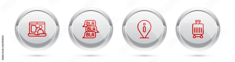 Poster set line foreign language online study, speech bubble chat, information and suitcase. silver circle 