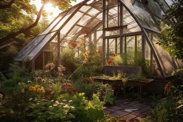 wind-toppled greenhouse in a beautiful garden setting, created with generative ai
