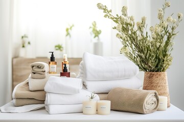 Towels with herbal bags and beauty treatment items setting in spa center in white room | Generative AI - obrazy, fototapety, plakaty