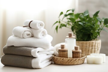 Obraz na płótnie Canvas Towels with herbal bags and beauty treatment items setting in spa center in white room | Generative AI