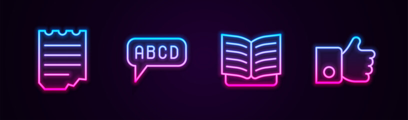 Set line Notebook, Alphabet, Open and Hand like. Glowing neon icon. Vector