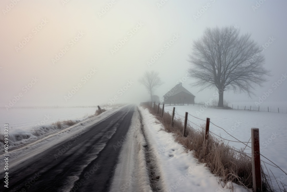 Wall mural snowy country road disappearing into the foggy horizon, created with generative ai