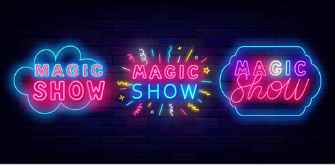 Magic show neon labels collection. Firework confetti. Handwritten text. Speech bubble border. Vector stock illustration