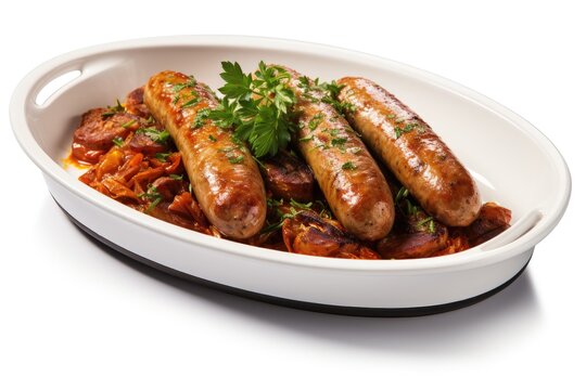 Kovbasa Ukrainian sausage dish on white background.